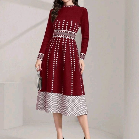 Women's Color Block Geometric Print Long Sleeve Sweater Dress - Picture 3 of 5